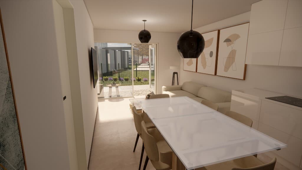 Wohn- und Essbereich mit offenem Grundriss und Zugang zum Garten